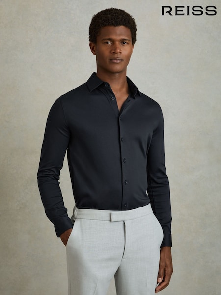 Reiss Navy Viscount Slim Fit Mercerised Cotton Jersey Shirt (N11604) | 573 QAR