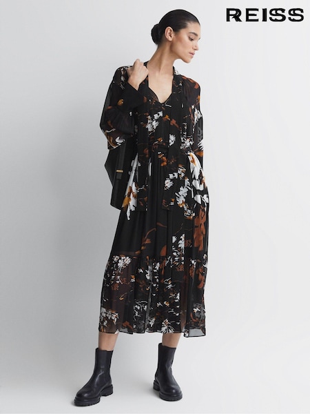 Reiss Black/Brown Charlotte Floral Neck Tie Midi Dress (N11605) | €87