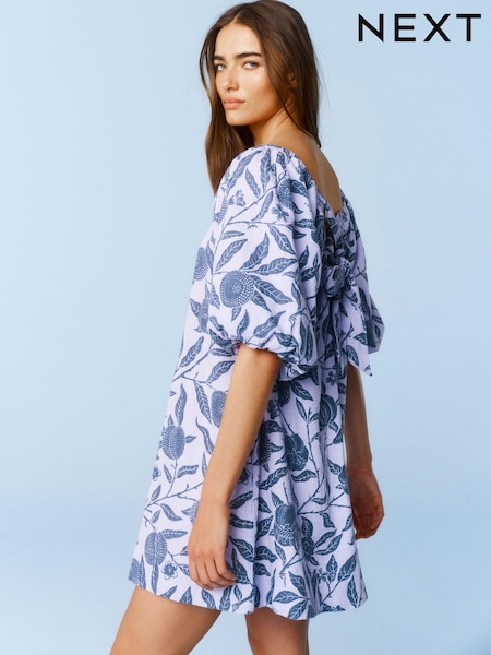 Morris & Co. Lilac/Blue Fruit Linen Blend Puff Sleeve Mini Dress (N11903) | €10