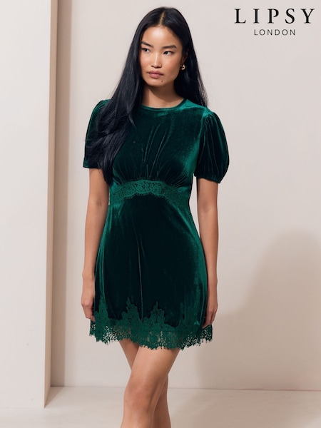 Green - Velvet Lace Trim Short Sleeve Mini Dress