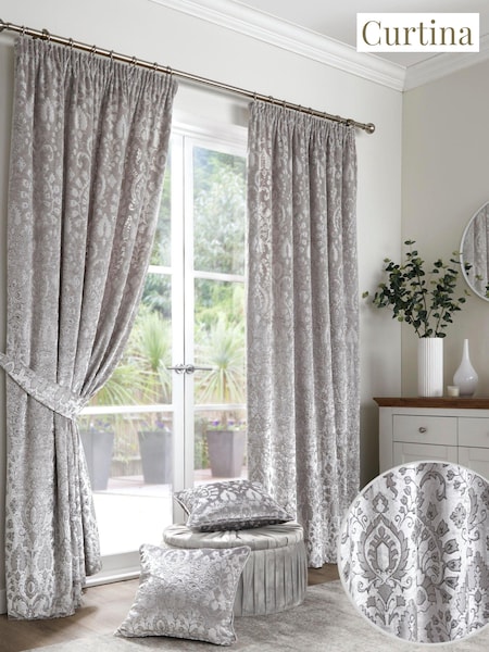 Curtina Silver Trinity Velvet Jacquard Pencil Pleat Curtains (N12989) | $60 - $180