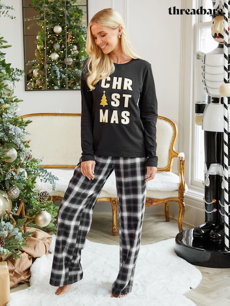 Threadbare Black/White 100% Cotton Long Sleeve Christmas Check Pyjamas Set (N13338) | €22