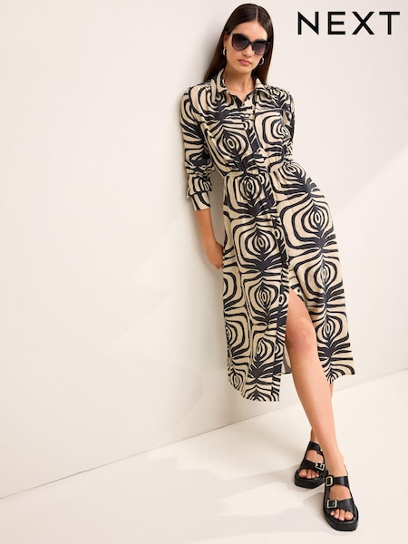 Black/White Long Sleeve Button Through Elastic Waist Midi Shirt Dress (N13863) | €28