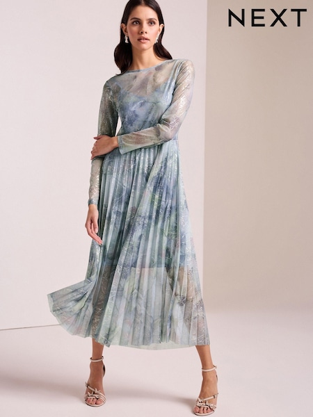 Pale Blue Long Sleeve Foil Pleated Midi Dress (N13878) | €42