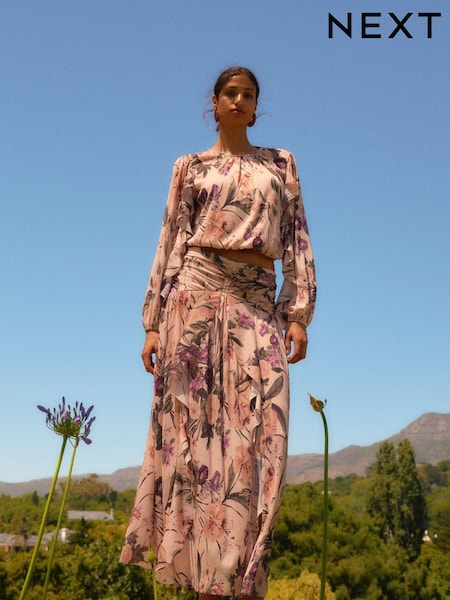 Светло-розовый с цветочным принтом - Crinkle Mesh Maxi Skirt (N13879) | €17