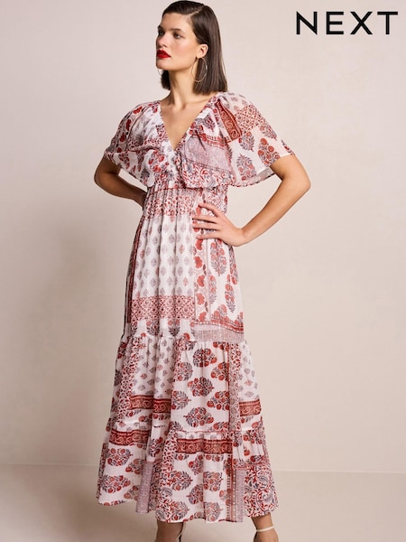 Red and White Print Angel Sleeve Tiered Maxi Dress (N13884) | €42