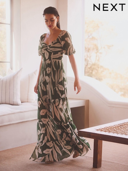 Green and White Leaf Print Short Sleeve Ocassion Maxi Dress (N13888) | €42