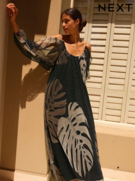 Черный с пальмовым принтом - Crinkle Mesh Volume Cami Maxi Dress (N13892) | €31