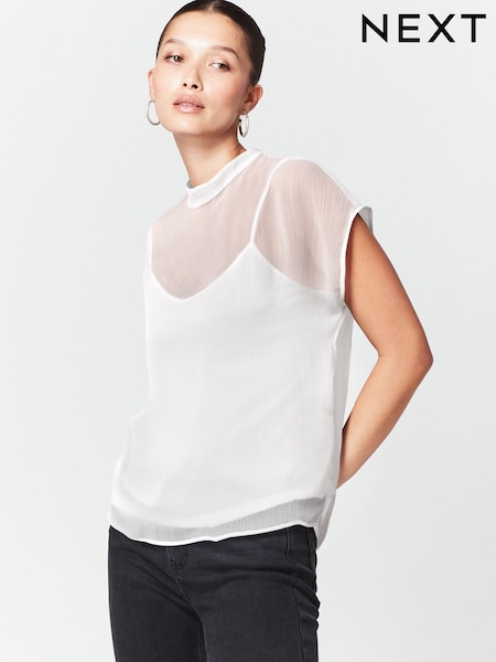 White Sheer Layer Cap Sleeve Top (N13894) | 48 QAR