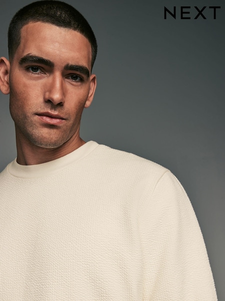 Ecru Crew Sweatshirt Lightweight Texture Seersucker Hoodie (N13936) | AED65