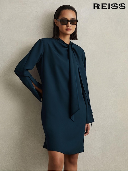 Reiss Teal Avery Tie Neck Belted Mini Dress (N13951) | €273
