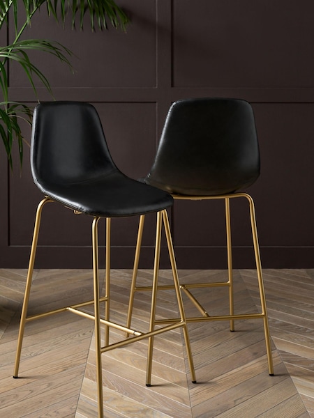 Rockett St George Set of 2 Timeless Faux Leather Black Gold Leg Curve Dining Chairs (N14144) | €316