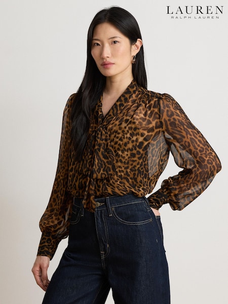 Brown - Lauren Ralph Lauren Klaryce Leopard Print Georgette Pussy Bow Blouse
