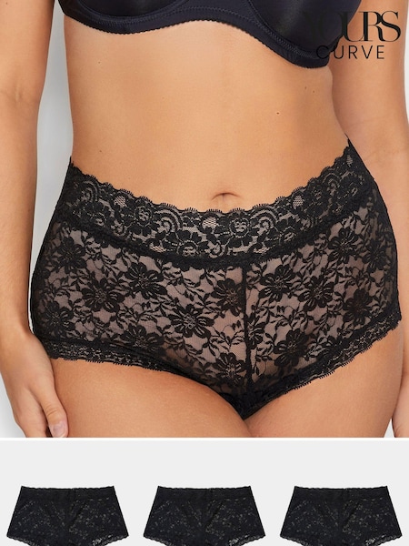 Yours Curve Black Lace Mid Rise 100% Cotton Shorts 3 Pack (N14334) | €24