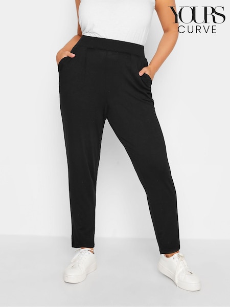 Yours Curve Black Double Pleat Stretch Jersey Joggers (N14341) | $33