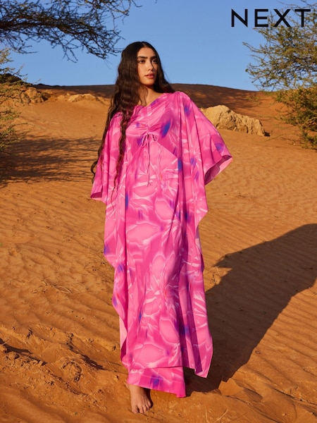 Pink Floral Co-ord Half Sleeve Ruched Front Kaftan Dress (N14394) | AED89