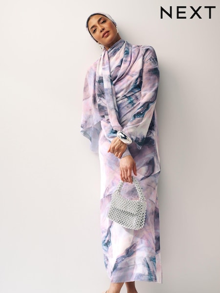 Purple Smudge Print Long Sleeve Column Maxi Dress (N14395) | 58 QAR