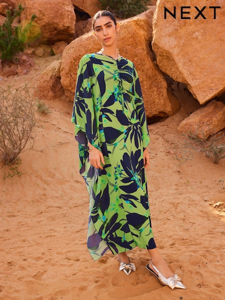 Green and Navy Floral Co-ord Half Sleeve Ruched Front Kaftan Dress (N14397) | AED71