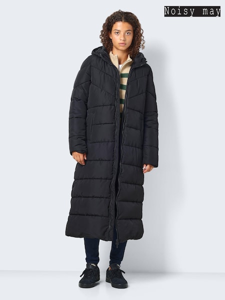 NOISY MAY Black Maxi Length Padded Quilted Hooded Coat (N14429) | €41