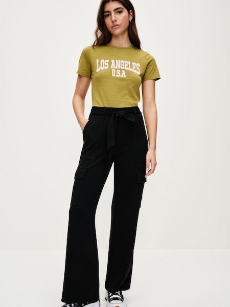 Schwarz - Slinky Stretch Wide Leg Belted High Waist Utility Cargo Trousers (N14560) | 11 €