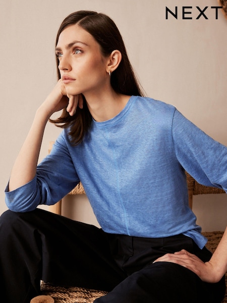 Blue 100% Linen Long Sleeve Crew Top (N14592) | €19.50