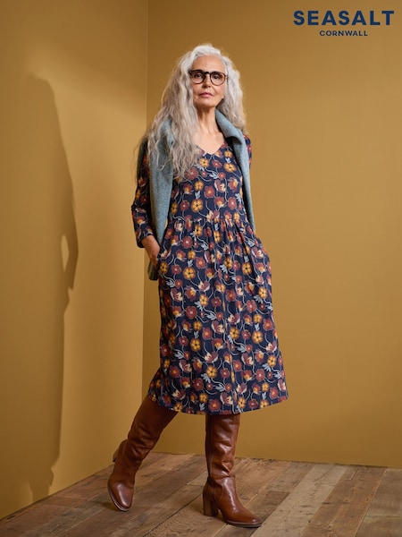 Seasalt Cornwall Blue Brush Drawing Three Quarter Sleeve Dress (N14667) | €42