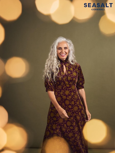 Seasalt Cornwall Brown Four Lanes Velvet Empire Line Midi Dress (N14723) | €45