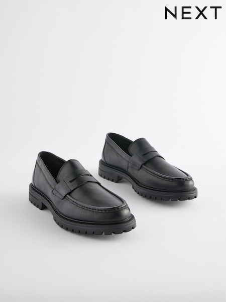 Black Leather Cleated Saddle Loafers (N15413) | €25