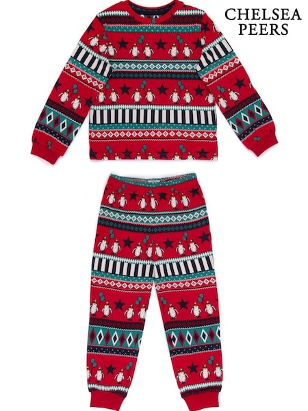 Chelsea Peers Red Kids Recycled Fibre Red & Green Carnival Penguin Fair Isle Print Long Pyjama Set (N15688) | €17.50