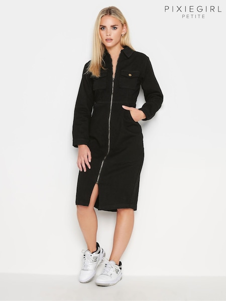 PixieGirl Petite Black Black Zip Up Denim Midi Dress (N15801) | €58