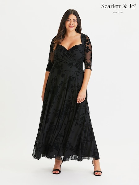 Scarlett & Jo Black Elizabeth Velvet Flocked Mesh Maxi Gown (N16185) | €146