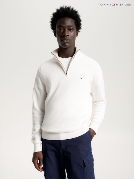 Alb - Tommy Hilfiger din amestec de Blend bumbac, cu fermoar sfert, cu cașmir (N16462) | 465 LEI