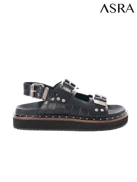 ASRA London Sami Croc Leather Studded Black Sandals (N16720) | 429 LEI