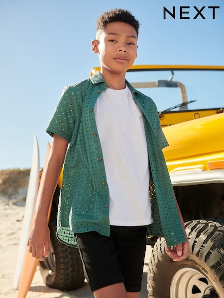 Green 100% Cotton Short Sleeves Textured Shirt (3-16yrs) (N16782) | €8 - €11.50