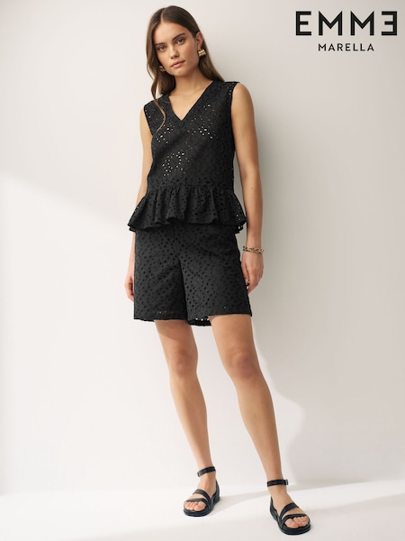 Emma Marella Klenia Broderie Peplum Sleeveless Black Top (N16797) | €49