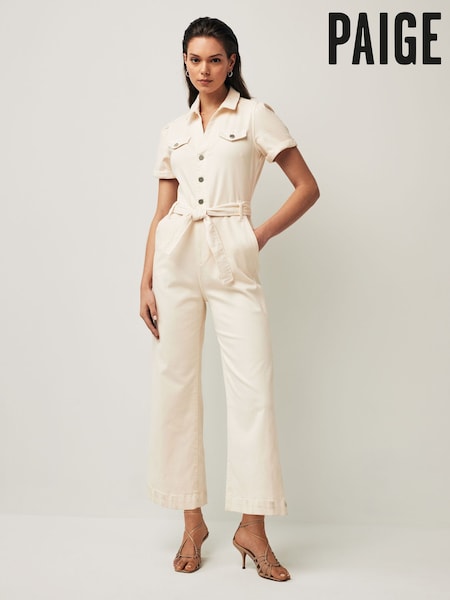Paige Anessa Puff Sleeve White Jumpsuit w/ Self Tie - Quartz Sand (N16858) | €222