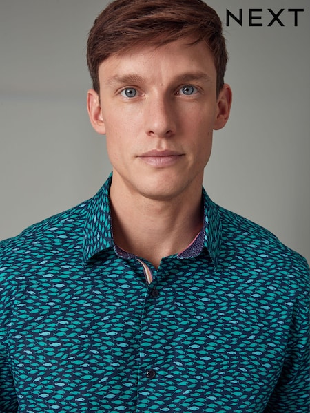 Синий/бирюзовый с рыбками - Regular Fit 100% Cotton Printed Short Sleeve Shirt (N16897) | €8