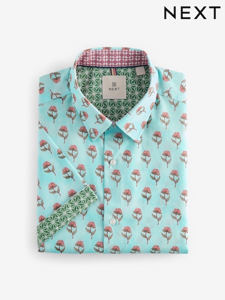 Turquoise Blue/Pink Floral Block Print Regular Fit Printed Short Sleeve Shirt (N16901) | €13