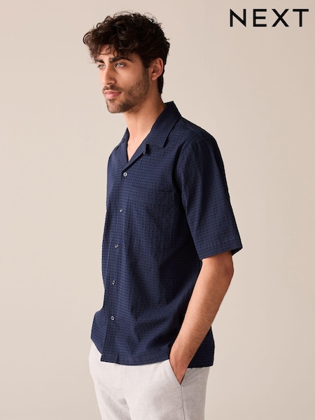 Navy Blue Textured Short Sleeve Shirt With Cuban Collar (N16903) | €6