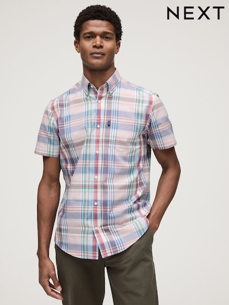 בצבע ורוד בהיר, משבצות Madras - רגיל - Easy Iron Button Down Short Sleeve Oxford Shirt (N16907) | ‏83‏₪