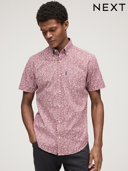 Burgundy Red Floral Easy Iron With Button Down Collar Short Sleeve Oxford Shirt (N16909) | €16