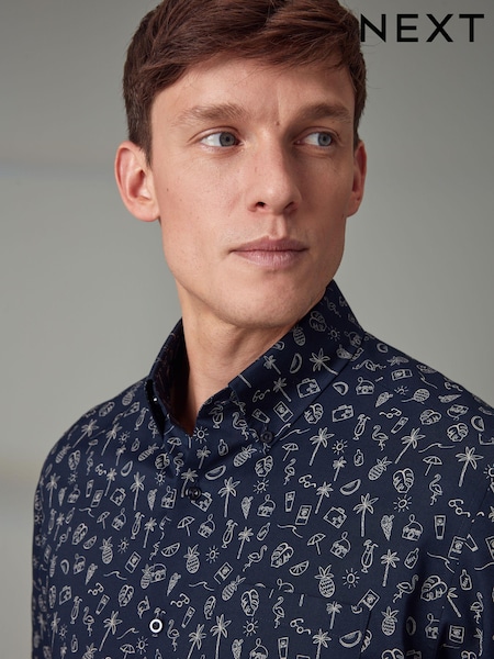 bleumarin Albastru de vacanță Imprimeuri - Normală - Easy Iron With Button Down Guler Mânecă scurtă  Oxford Cămăși (N16918) | 87 LEI