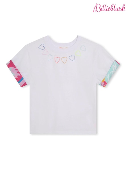 Billieblush Short Sleeve 100% Cotton White T-Shirt With Heart Embroidery & Contrast Hem (N16939) | 125 LEI