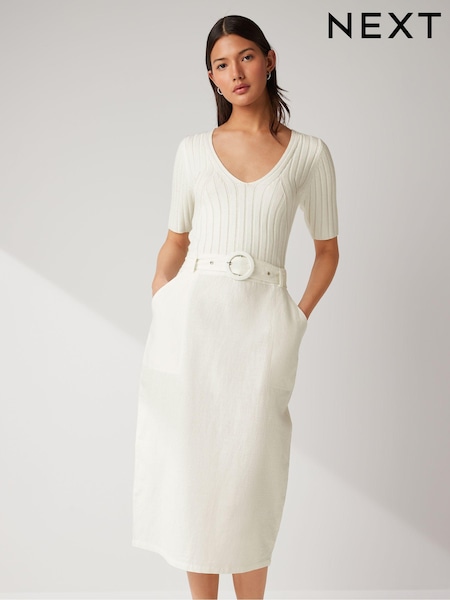 Ecru White Woven Mix Short  Sleeve Midi Dress (N17075) | €18