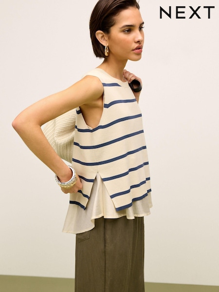 Navy Blue Stripe Woven Mix Sleeveless Layer Top (N17077) | €25