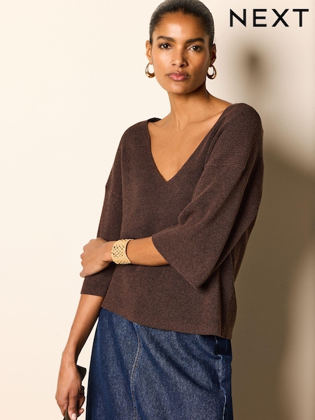 Brown V-Neck Linen Short Sleeve Top (N17090) | €15
