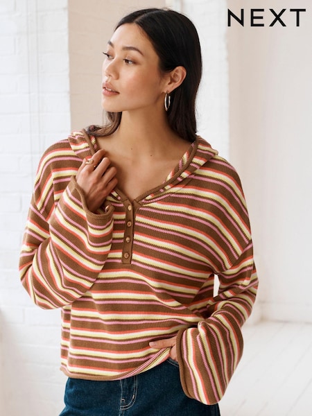 Brown Stripe Button Neck Hoodie (N17094) | €11