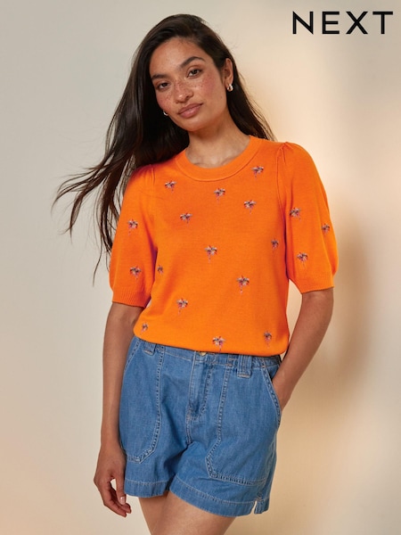 Orange Printed Crew Neck Short Sleeve Knitted Top (N17115) | €12