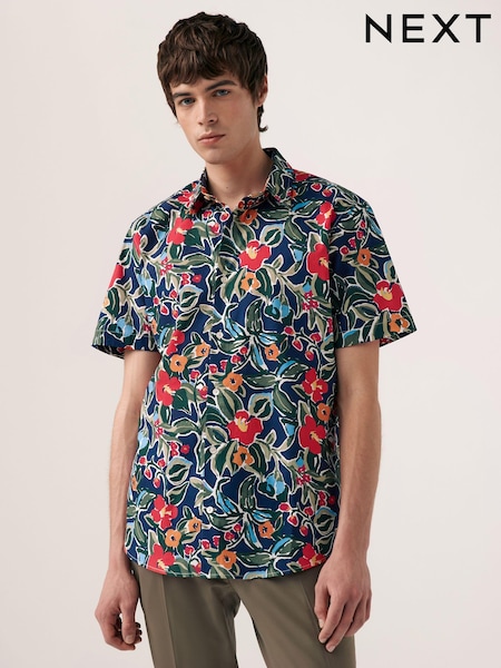 Navy Blue Tropical Floral Regular Fit 100% Cotton Printed Short Sleeve Shirt (N17200) | €7