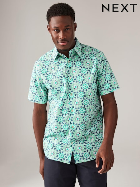 Green Regular Fit 100% Cotton Printed Short Sleeve Shirt (N17202) | €14.50